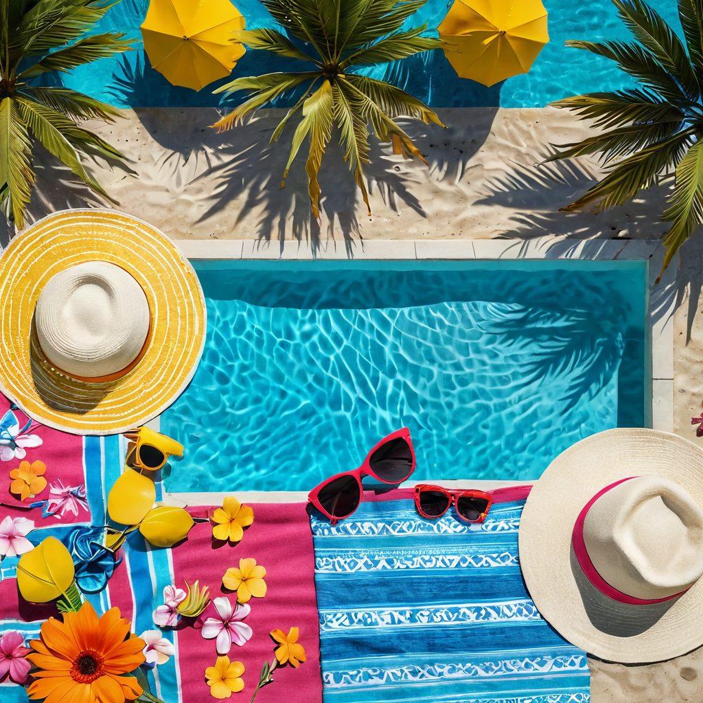 A stylish beach scene with a vibrant array of chic bikinis and swimwear displayed on a colorful beach towel, accompanied by beach accessories like sunglasses and a sunhat. The background features a shimmering poolside setting with palm trees and summer flowers, evoking a sense of relaxation and luxury. The colors should be bright and inviting, enhancing the summer vibe. super-realistic. vibrant colors. beach theme.