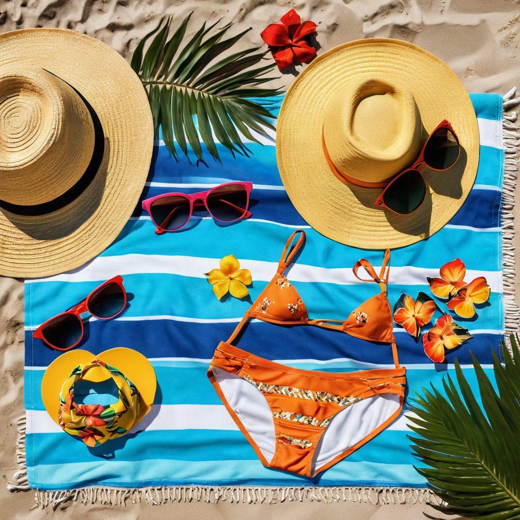 A stunning beach scene featuring vibrant bikinis in various trendy styles displayed on colorful beach towels, surrounded by sun hats, sunglasses, and tropical plants. The sun casts a warm glow on golden sand, with waves gently crashing in the background. A stylish beach bag with accessories is included, adding to the summer vibe. high detail. vibrant colors. super-realistic.